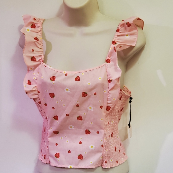 No Frills Tops - No Frills Pink Multi Kawaii Strawberry Blossom Top w/ Ruching, Large,NWT
